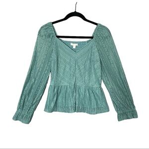 EUC! LC Lauren Conrad Teal Lace puffy sleeve Smocked Peplum Blouse XL